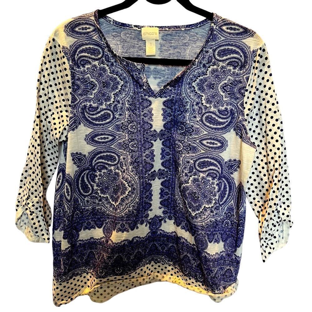 Chico's Women's 3/4 Sleeve Blouse Size M(8) Purple/white Paisley Pullover